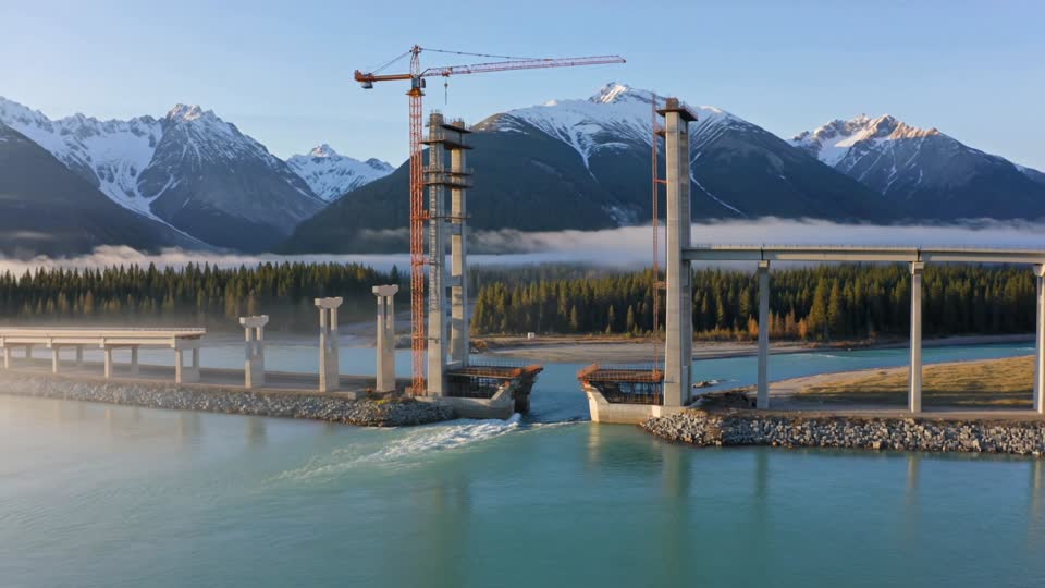 Tall concrete bridge piers and a tower crane above a glacial river with snow-capped peaks behind