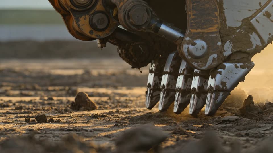 Close-up of an excavator bucket biting into wet clay in low golden light