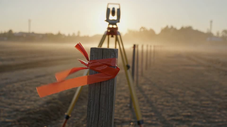 A survey stake tied with orange flagging tape in front of a total station on a tripod and a line of stakes