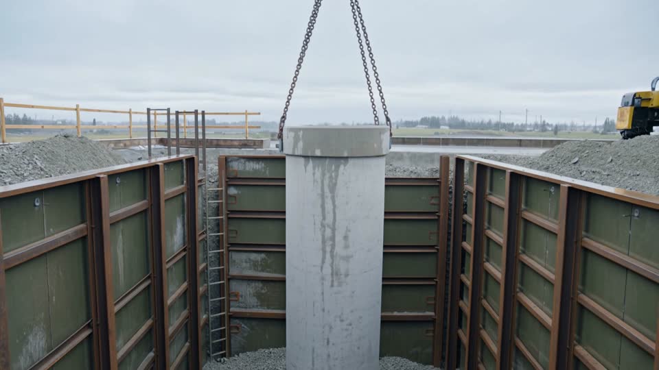 A precast concrete manhole section lowered by crane chains into an excavation shored with steel trench boxes